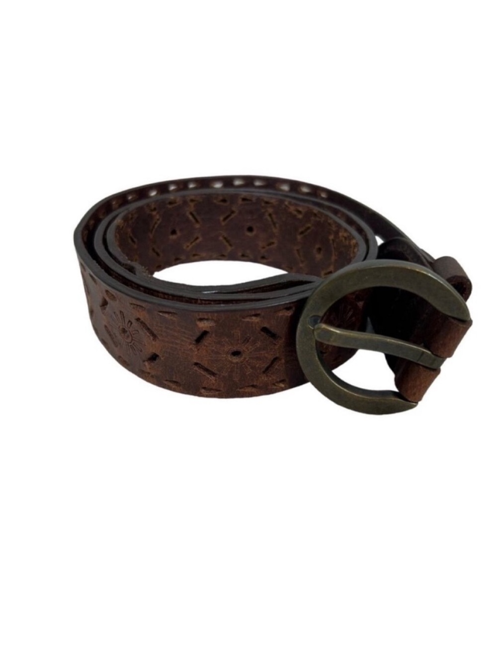 Rolfs distressed brown leather belt ornate bronze finish buckle